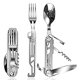ZIMAIC Edelstahl Besteck 5 in 1 Klappbesteck Campingbesteck als Messer Gabel Löffel Set Outdoor, Tragbares Besteck mit Kordelzugbeu