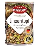 DREISTERN Linsentopf 400g I Mit Wiener Würstchen & Gemüse I Herzhafter Eintopf in recyclebarer Konservendose I Lange Haltbarkeit dank natürlicher Konservierung I Hausmacher Qualitä