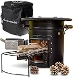 eisenmatt.® Raketenofen V1 Set inklusive Tasche | mit Heatcontrol und Echtholzgriffen | aus Keramik Stahl Gusseisen | Outdoor Ofen, Camping BBQ Holzofen, tragbar - Kochen ohne Strom - Schwarz M