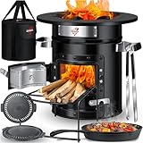 KESSER® Raketenofen inkl. Grillpfanne aus Gusseisen, Grillplatte, Grillzange & Tragetasche | Dutch Oven BBQ Rakete Holzofen Camping | Outdoor-Campingkocher Campinggrill Edelstahl Schwarz