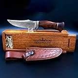 QueenClass Gürtelmesser/Jagdmesser Special Edition,372 Schichten handgeschmiedetes Damast Messer mit Rindsleder Scheide in Holzbox
