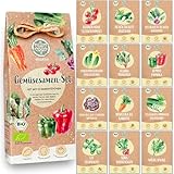 Bio Gemüse Samen Set - 12 Sorten Gemüsesamen aus biologischen Anbau, samenfestes Gemüse Saatgut, Bio Gemüsesamen Set für das Hochbeet, Garten, Balkon und Küche, 12er Pflanzensamen S